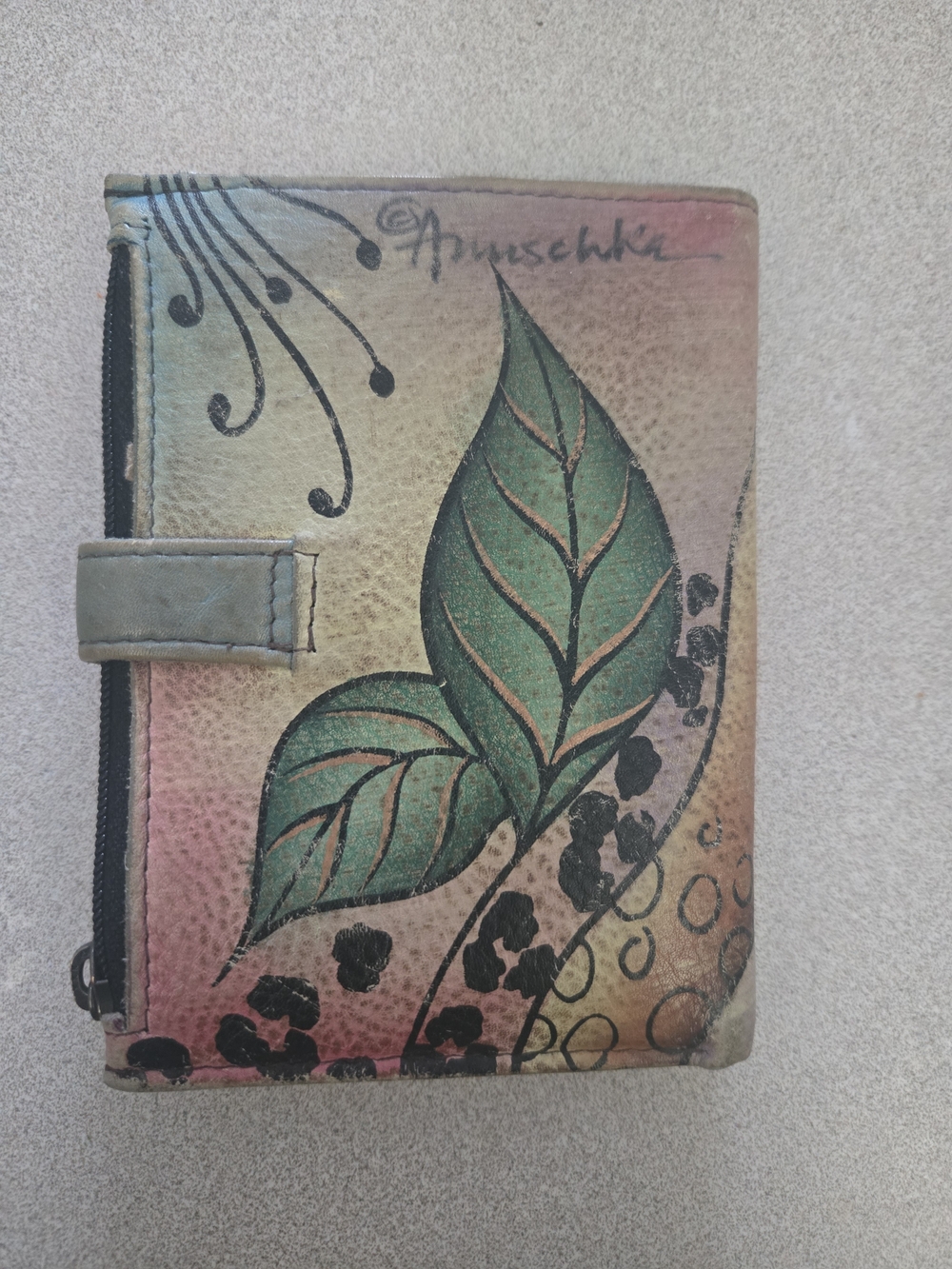 Anuschka Green Leaf Hand-Painted Leather Wallet